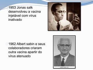 1953 Jonas salk
desenvolveu a vacina
injetável com vírus
inativado
1962 Albert sabin e seus
colaboradores criaram
outra vacina apartir do
vírus atenuado
 