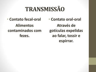 TRANSMISSÃO
• Contato fecal-oral
Alimentos
contaminados com
fezes.
• Contato oral-oral
Através de
gotículas expelidas
ao falar, tossir e
espirrar.
 