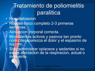 Tratamiento de poliomielitisparaliticaHospitalizacionReposofisicocompleto 2-3 primerassemanas.Alineacion corporal correcta.Movimientosactivos y pasivos tan pronto comodesaparezca el dolor y el espasmo de los mm.Solo administraropiaceos y sedantessi no existeafectacion de la respiracion, actual o inminente.Tratado de pediatria de Nelson. 18 edicion
