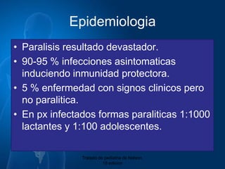 EpidemiologiaParalisis resultadodevastador.90-95 % infeccionesasintomaticasinduciendoinmunidadprotectora.5 % enfermedad con signosclinicospero no paralitica.En pxinfectadosformasparaliticas 1:1000 lactantes y 1:100 adolescentes.Tratado de pediatria de Nelson. 18 edicion