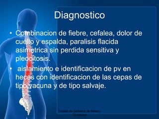 DiagnosticoCombinacion de fiebre, cefalea, dolor de cuelloy espalda, paralisisflacidaasimetrica sin perdidasensitiva y pleocitosis.aislamiento e identificacion de pv en heces con identificacion de lascepas de tipovacuna y de tiposalvaje.Tratado de pediatria de Nelson. 18 edicion