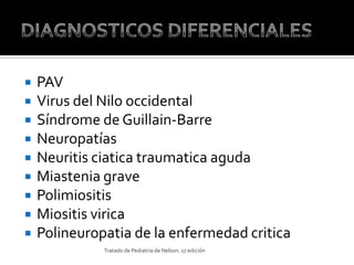    PAV
   Virus del Nilo occidental
   Síndrome de Guillain-Barre
   Neuropatías
   Neuritis ciatica traumatica aguda
   Miastenia grave
   Polimiositis
   Miositis virica
   Polineuropatia de la enfermedad critica
              Tratado de Pediatría de Nelson. 17 edición
 