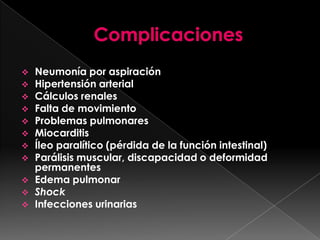 












Neumonía por aspiración
Hipertensión arterial
Cálculos renales
Falta de movimiento
Problemas pulmonares
Miocarditis
Íleo paralítico (pérdida de la función intestinal)
Parálisis muscular, discapacidad o deformidad
permanentes
Edema pulmonar
Shock
Infecciones urinarias

 