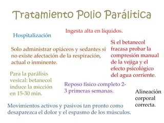 Tratamiento Polio Parálitica
Hospitalización
Reposo físico completo 2-
3 primeras semanas. Alineación
corporal
correcta.Movimientos activos y pasivos tan pronto como
desaparezca el dolor y el espasmo de los músculos.
Solo administrar opiáceos y sedantes si
no existe afectación de la respiración,
actual o inminente.
Para la parálisis
vesical: betanecol
induce la micción
en 15-30 min.
Si el betanecol
fracasa probar la
compresión manual
de la vejiga y el
efecto psicológico
del agua corriente.
Ingesta alta en líquidos.
 