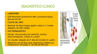 DIAGNOSTICO CLINICO
LABORATORIO
LCR:Pleocitosis predominio MNs y proteinorraquia,
glucosa normal
CULTIVO DEL VIRUS
Muestras de heces (etapa aguda y hasta 2 o 3 meses
después), de LCRy sangre
ELECTRODIAGNOSTICO
Incluya: neuroconducción sensorial, motora,
electromiografía, reflejo H y onda f
1er estudio: después de 21 días de iniciado el cuadro
Repetirse a los 60 días (duda diagnóstica) Deberá ser
comparativo (incluidos 4 nervios periféricos)
 