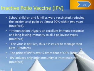Inactive Polio Vaccine (IPV)
• School children and families were vaccinated, reducing
the incidence of polio by almost 90% within two years
(Bradford).
• +Immunization triggers an excellent immune response
and long-lasting immunity to all 3 poliovirus types
(Bradford)
• +The virus is not live, thus it is easier to manage than
OPV (Bradford)
• -The price of IPV is over 5 times that of OPV (Bradford)
• -IPV induces only little immunity in intestinal tract
(Bradford)
24
23
 