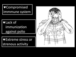 Compromised
immmune system
Lack of
immunization
against polio
Extreme stress or
strenous activity