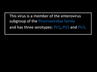 This virus is a member of the enterovirus
subgroup of the Picornaviridae family
and has three serotypes: PV1, PV2 and PV3.