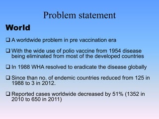 Problem statement
World
 A worldwide problem in pre vaccination era
 With the wide use of polio vaccine from 1954 disease
being eliminated from most of the developed countries
 In 1988 WHA resolved to eradicate the disease globally
 Since than no. of endemic countries reduced from 125 in
1988 to 3 in 2012.
 Reported cases worldwide decreased by 51% (1352 in
2010 to 650 in 2011)
 