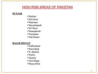 HIGH RISK AREAS OF PAKISTAN
PUNJAB
Multan
D.G khan
Rajanpur
Muzafargrah
R.Y Khan
Rawalpendi
Faislabad
Pak Pattan
BALOCHISTAN
Haffarabad
Nasirabad
K. Abdulla
Pishin
Quetta
Jhal Magsi
Musa Khail
13
 