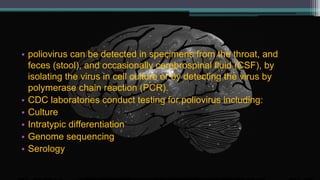 • poliovirus can be detected in specimens from the throat, and
feces (stool), and occasionally cerebrospinal fluid (CSF), by
isolating the virus in cell culture or by detecting the virus by
polymerase chain reaction (PCR).
• CDC laboratories conduct testing for poliovirus including:
• Culture
• Intratypic differentiation
• Genome sequencing
• Serology
 