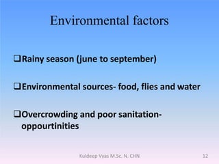 Environmental factors
Rainy season (june to september)
Environmental sources- food, flies and water
Overcrowding and poor sanitation-
oppourtinities
12Kuldeep Vyas M.Sc. N. CHN
 