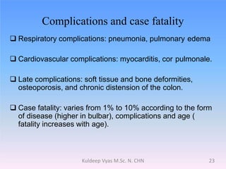 Complications and case fatality
 Respiratory complications: pneumonia, pulmonary edema
 Cardiovascular complications: myocarditis, cor pulmonale.
 Late complications: soft tissue and bone deformities,
osteoporosis, and chronic distension of the colon.
 Case fatality: varies from 1% to 10% according to the form
of disease (higher in bulbar), complications and age (
fatality increases with age).
23Kuldeep Vyas M.Sc. N. CHN
 
