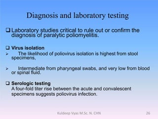 Diagnosis and laboratory testing
Laboratory studies critical to rule out or confirm the
diagnosis of paralytic poliomyelitis.
 Virus isolation
 The likelihood of poliovirus isolation is highest from stool
specimens,
 Intermediate from pharyngeal swabs, and very low from blood
or spinal fluid.
 Serologic testing
A four-fold titer rise between the acute and convalescent
specimens suggests poliovirus infection.
26Kuldeep Vyas M.Sc. N. CHN
 