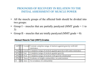 PROGNOSIS OF RECOVERY IN RELATION TO THE
INITIAL ASSESSMENT OF MUSCLE POWER
• All the muscle groups of the affected limb should be divided into
two groups:
• Group I – muscles that are partially paralyzed (MMT grade = 1 to
3)
• Group II – muscles that are totally paralyzed (MMT grade = 0)
 