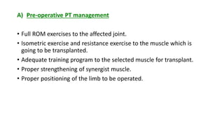 A) Pre-operative PT management
• Full ROM exercises to the affected joint.
• Isometric exercise and resistance exercise to the muscle which is
going to be transplanted.
• Adequate training program to the selected muscle for transplant.
• Proper strengthening of synergist muscle.
• Proper positioning of the limb to be operated.
 