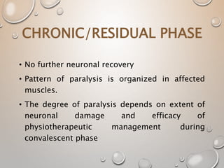 CHRONIC/RESIDUAL PHASE
• No further neuronal recovery
• Pattern of paralysis is organized in affected
muscles.
• The degree of paralysis depends on extent of
neuronal damage and efficacy of
physiotherapeutic management during
convalescent phase
 