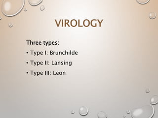 VIROLOGY
Three types:
• Type I: Brunchilde
• Type II: Lansing
• Type III: Leon
 
