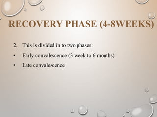 RECOVERY PHASE (4-8WEEKS)
2. This is divided in to two phases:
• Early convalescence (3 week to 6 months)
• Late convalescence
 
