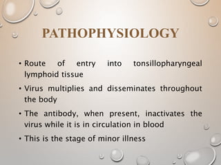 • Route of entry into tonsillopharyngeal
lymphoid tissue
• Virus multiplies and disseminates throughout
the body
• The antibody, when present, inactivates the
virus while it is in circulation in blood
• This is the stage of minor illness
PATHOPHYSIOLOGY
 