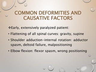 COMMON DEFORMITIES AND
CAUSATIVE FACTORS
Early, extensively paralyzed patient:
• Flattening of all spinal curves: gravity, supine
• Shoulder adduction-internal rotation: adductor
spasm, deltoid failure, malpositioning
• Elbow flexion: flexor spasm, wrong positioning
 