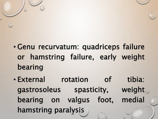 • Genu recurvatum: quadriceps failure
or hamstring failure, early weight
bearing
• External rotation of tibia:
gastrosoleus spasticity, weight
bearing on valgus foot, medial
hamstring paralysis
 