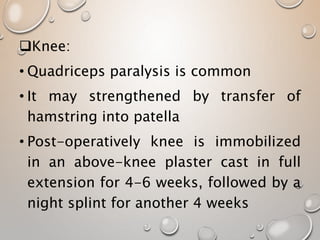 Knee:
• Quadriceps paralysis is common
• It may strengthened by transfer of
hamstring into patella
• Post-operatively knee is immobilized
in an above-knee plaster cast in full
extension for 4-6 weeks, followed by a
night splint for another 4 weeks
 