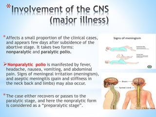 *
*Affects a small proportion of the clinical cases,
and appears few days after subsidence of the
abortive stage. It takes two forms:
nonparalytic and paralytic polio.
Nonparalytic polio is manifested by fever,
headache, nausea, vomiting, and abdominal
pain. Signs of meningeal irritation (meningism),
and aseptic meningitis (pain and stiffness in
the neck back and limbs) may also occur.
*The case either recovers or passes to the
paralytic stage, and here the nonpralytic form
is considered as a “preparalytic stage”.
 