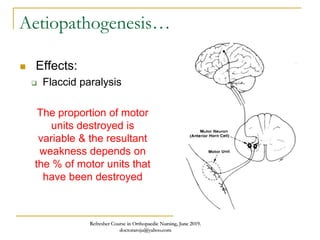 Aetiopathogenesis…
 Effects:
 Flaccid paralysis
The proportion of motor
units destroyed is
variable & the resultant
weakness depends on
the % of motor units that
have been destroyed
Refresher Course in Orthopaedic Nursing, June 2019.
doctoraroju@yahoo.com
 