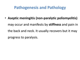 • Aseptic meningitis (non-paralytic poliomyelitis)
may occur and manifests by stiffness and pain in
the back and neck. It usually recovers but it may
progress to paralysis.
Pathogenesis and Pathology
 