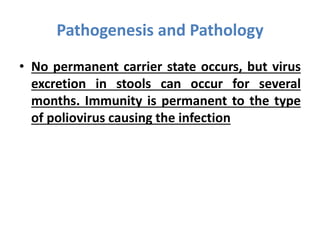 • No permanent carrier state occurs, but virus
excretion in stools can occur for several
months. Immunity is permanent to the type
of poliovirus causing the infection
Pathogenesis and Pathology
 