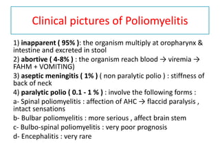 Clinical pictures of Poliomyelitis
1) inapparent ( 95% ): the organism multiply at oropharynx &
intestine and excreted in stool
2) abortive ( 4-8% ) : the organism reach blood → viremia →
FAHM + VOMITING)
3) aseptic meningitis ( 1% ) ( non paralytic polio ) : stiffness of
back of neck
4) paralytic polio ( 0.1 - 1 % ) : involve the following forms :
a- Spinal poliomyelitis : affection of AHC → flaccid paralysis ,
intact sensations
b- Bulbar poliomyelitis : more serious , affect brain stem
c- Bulbo-spinal poliomyelitis : very poor prognosis
d- Encephalitis : very rare
 