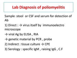 Lab Diagnosis of poliomyelitis
Sample :stool or CSF and serum for detection of
Ab
1) Direct : → virus itself by immunoelectro
microscope
→ viral Ag by ELISA , RIA
→ genetic material by PCR , probe
2) Indirect : tissue culture → CPE
3) Serology : specific IgM , raising IgG , C.F
 