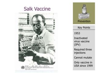 Key Points
Prevention
Salk Vaccine
1953
Inactivated
virus vaccine
(IPV)
Required three
injections
Cannot mutate
Only vaccine in
USA since 1999
 