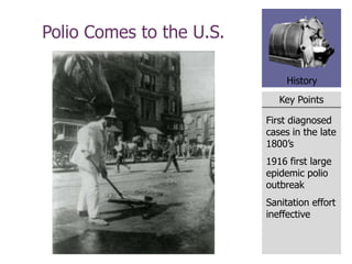 Key Points
History
Polio Comes to the U.S.
First diagnosed
cases in the late
1800’s
1916 first large
epidemic polio
outbreak
Sanitation effort
ineffective
 