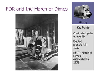 Key Points
History
FDR and the March of Dimes
Contracted polio
at age 39
Elected
president in
1932
NFIP - March of
Dimes –
established in
1938
 