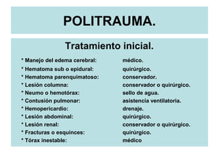 POLITRAUMA.
Tratamiento inicial.
* Manejo del edema cerebral: médico.
* Hematoma sub o epidural: quirúrgico.
* Hematoma parenquimatoso: conservador.
* Lesión columna: conservador o quirúrgico.
* Neumo o hemotórax: sello de agua.
* Contusión pulmonar: asistencia ventilatoria.
* Hemopericardio: drenaje.
* Lesión abdominal: quirúrgico.
* Lesión renal: conservador o quirúrgico.
* Fracturas o esquinces: quirúrgico.
* Tórax inestable: médico
 