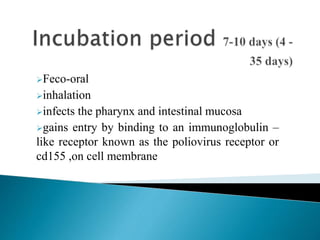 Feco-oral
inhalation
infects the pharynx and intestinal mucosa
gains entry by binding to an immunoglobulin –
like receptor known as the poliovirus receptor or
cd155 ,on cell membrane
 