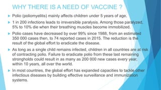 WHY THERE IS A NEED OF VACCINE ?
 Polio (poliomyelitis) mainly affects children under 5 years of age.
 1 in 200 infections leads to irreversible paralysis. Among those paralyzed,
5% to 10% die when their breathing muscles become immobilized.
 Polio cases have decreased by over 99% since 1988, from an estimated
350 000 cases then, to 74 reported cases in 2015. The reduction is the
result of the global effort to eradicate the disease.
 As long as a single child remains infected, children in all countries are at risk
of contracting polio. Failure to eradicate polio from these last remaining
strongholds could result in as many as 200 000 new cases every year,
within 10 years, all over the world.
 In most countries, the global effort has expanded capacities to tackle other
infectious diseases by building effective surveillance and immunization
systems.
 