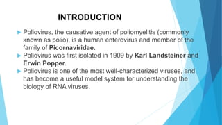 INTRODUCTION
 Poliovirus, the causative agent of poliomyelitis (commonly
known as polio), is a human enterovirus and member of the
family of Picornaviridae.
 Poliovirus was first isolated in 1909 by Karl Landsteiner and
Erwin Popper.
 Poliovirus is one of the most well-characterized viruses, and
has become a useful model system for understanding the
biology of RNA viruses.
 