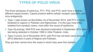 TYPES OF POLIO VIRUS
The three serotypes of poliovirus, PV1, PV2, and PV3, each have a slightly
different capsid protein. Capsid proteins define cellular receptor specificity and
virus antigenicity.
 Type 1 (also known as Brunhilde), As of November 2014, wild PV1 is highly
localized to regions in Pakistan and Afghanistan. It is the type most often
isolated from paralytic cases, most often the cause of epidemics
 Type 2(Lansing), Wild PV2 was declared eradicated in September 2014 after
last being detected in October 1999 in Uttar Pradesh, India.
 Type 3 (Leon), As of November 2014, wild PV3 has not been seen since its
2012 detection in parts of Nigeria and Pakistan.
They got their names from the cases in which they were first isolated.
 