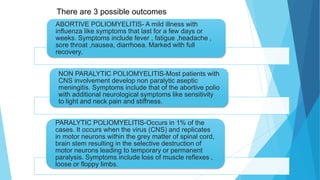 ABORTIVE POLIOMYELITIS- A mild illness with
influenza like symptoms that last for a few days or
weeks. Symptoms include fever , fatigue ,headache ,
sore throat ,nausea, diarrhoea. Marked with full
recovery.
NON PARALYTIC POLIOMYELITIS-Most patients with
CNS involvement develop non paralytic aseptic
meningitis. Symptoms include that of the abortive polio
with additional neurological symptoms like sensitivity
to light and neck pain and stiffness.
PARALYTIC POLIOMYELITIS-Occurs in 1% of the
cases. It occurs when the virus (CNS) and replicates
in motor neurons within the grey matter of spinal cord,
brain stem resulting in the selective destruction of
motor neurons leading to temporary or permanent
paralysis. Symptoms include loss of muscle reflexes ,
loose or floppy limbs.
There are 3 possible outcomes
 