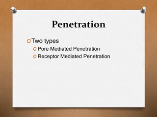 Penetration
OTwo types
O Pore Mediated Penetration
O Receptor Mediated Penetration