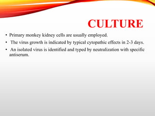 CULTURE
• Primary monkey kidney cells are usually employed.
• The virus growth is indicated by typical cytopathic effects in 2-3 days.
• An isolated virus is identified and typed by neutralization with specific
antiserum.
 