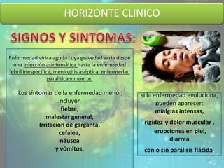 HORIZONTE CLINICO
Enfermedad vírica aguda cuya gravedad varía desde
una infección asintomática hasta la enfermedad
febril inespecífica, meningitis aséptica, enfermedad
paralítica y muerte.
Los síntomas de la enfermedad menor,
incluyen
fiebre,
malestar general,
Irritacion de garganta,
cefalea,
náusea
y vómitos;
20
si la enfermedad evoluciona,
pueden aparecer:
mialgias intensas,
rigidez y dolor muscular ,
erupciones en piel,
diarrea
con o sin parálisis flácida.
 
