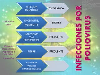 AFECCION
PARALÍTICA
ESPORÁDICA
ENCEFALITIS,
MENINGITIS
BROTES
INFECCIONES
VIAS
RESPIRATORIAS
FRECUENTE
FIEBRE FRECUENTE
AFECCION EN
PACIENTES
INMUNODEFICIENTES
90% de las
infecciones son
inaparentes o
con fiebre
inespecífica
1-2% de los
casos
21
 