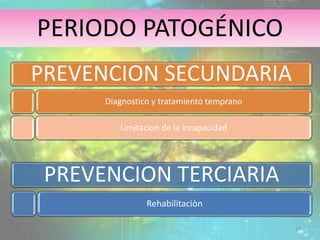 PREVENCION SECUNDARIA
Diagnostico y tratamiento temprano
Limitacion de la incapacidad
PREVENCION TERCIARIA
Rehabilitaciòn
PERIODO PATOGÉNICO
27
 