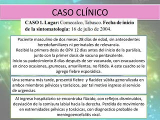 CASO CLÍNICO
Paciente masculino de dos meses 28 días de edad, sin antecedentes
heredofamiliares ni perinatales de relevancia.
Recibió la primera dosis de OPV 12 días antes del inicio de la parálisis,
junto con la primer dosis de vacuna pentavalente.
Inicio su padecimiento 8 días después de ser vacunado, con evacuaciones
en cinco ocasiones, grumosas, amarillentas, no fétida. A este cuadro se le
agrego fiebre esporádica.
Una semana más tarde, presentó fiebre y flacidez súbita generalizada en
ambos miembros pélvicos y torácicos, por tal motivo ingreso al servicio
de urgencias.
Al ingreso hospitalario se encontraba flácido, con reflejos disminuidos,
desviación de la comisura labial hacia la derecha. Perdida de movimiento
en extremidades pélvicas y torácicas, con diagnostico probable de
meningoencefalitis viral. 35
 