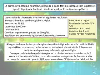 La primera valoración neurológica llevada a cabo tres días después de la parálisis
reporto hipotonía, llanto al movilizar y palpar los miembros pélvicos
Los estudios de laboratorio arrojaron los siguientes resultados:
Biometría hemática con hemoglobina 10g/dL
Hematocrito 29.6%
Leucocitos 11000mm
Linfocitos 74%
Química sanguínea con glucosa de 99mg/dL.
Resultados del examen de liquido cefalorraquídeo: incoloro
Al seguir los lineamientos para la vigilancia epidemiológica de casos de parálisis flácida
aguda (PFA), las muestras de heces fueron enviadas al laboratorio de Poliovirus del
instituto de diagnostico y referencia epidemiológica.
Como parte del estudio epidemiológico, se recolectaron muestras de heces de 5
contactos menores de 5 años , todas ellas resultaron negativas. Se llevaron acabo
acciones de prevención y control (bloqueo vacunal con OPV) alrededor del domicilio.
36
Niños de 9.5 a 13 g/dL
Hematocrito: Lactante: 32 a
42%
Leucocitos: 4.5-11mm3
Linfocitos: 1- 4.8mm3
Glucosa 70 y 100 miligramos
 