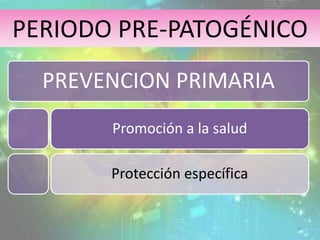 PERIODO PRE-PATOGÉNICO
PREVENCION PRIMARIA
Promoción a la salud
Protección específica
8
 